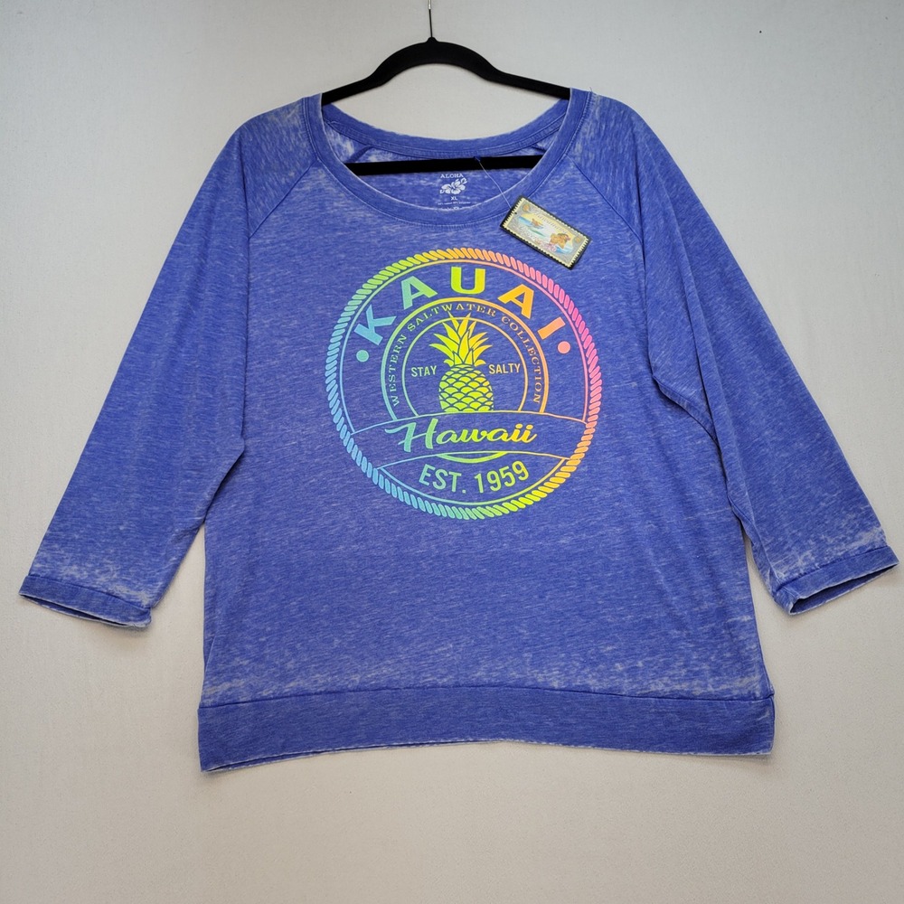 Aloha Hawaiian Legends Sweatshirt Women XL Blue Kauai Pineapple Burnout Raglan